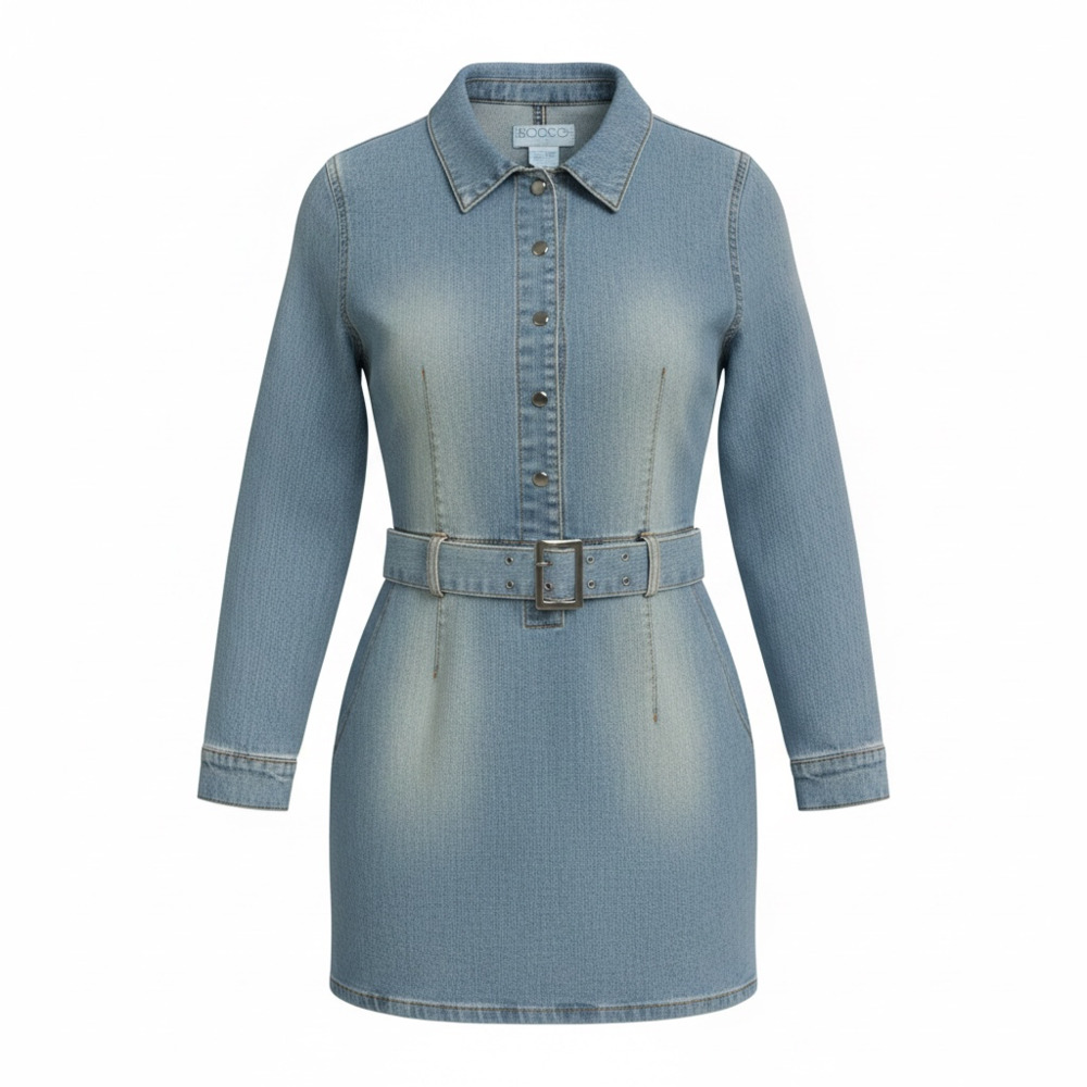 Neeso Vintage Belted Denim Long Sleeve Shirt Dress